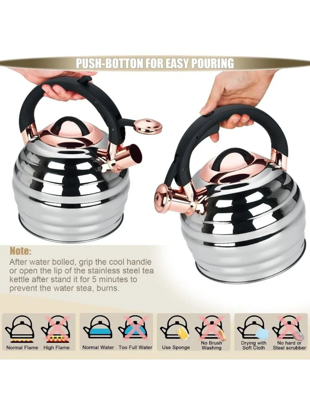 Gold Kitchen Whistling Teakettle 3.2Q Stainless Steel Stovetop Heat Proof Handle